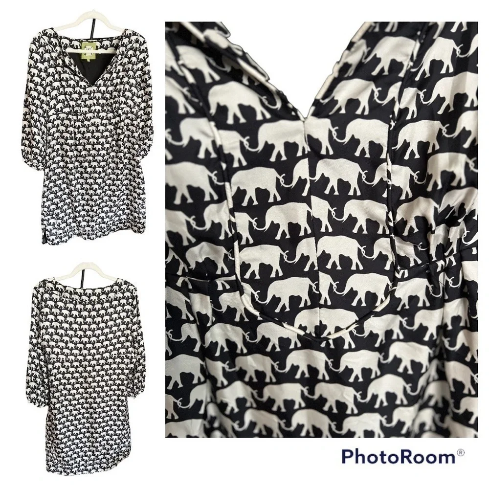 Elizabeth McKay SILK MARILOU DRESS black with white elephants size 8 tunic EUC - Picture 6 of 11